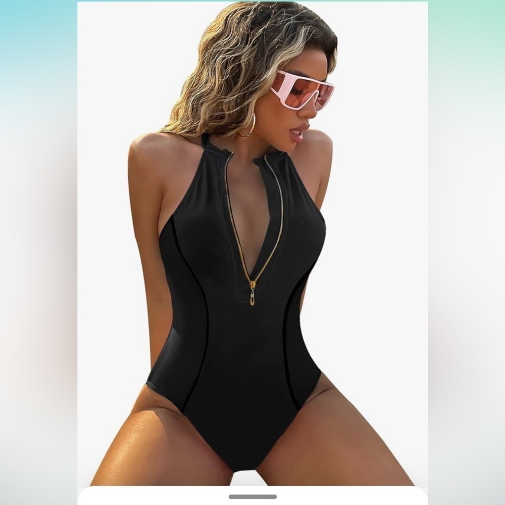 Zip-Front Black Halter One-Piece Swimsuit